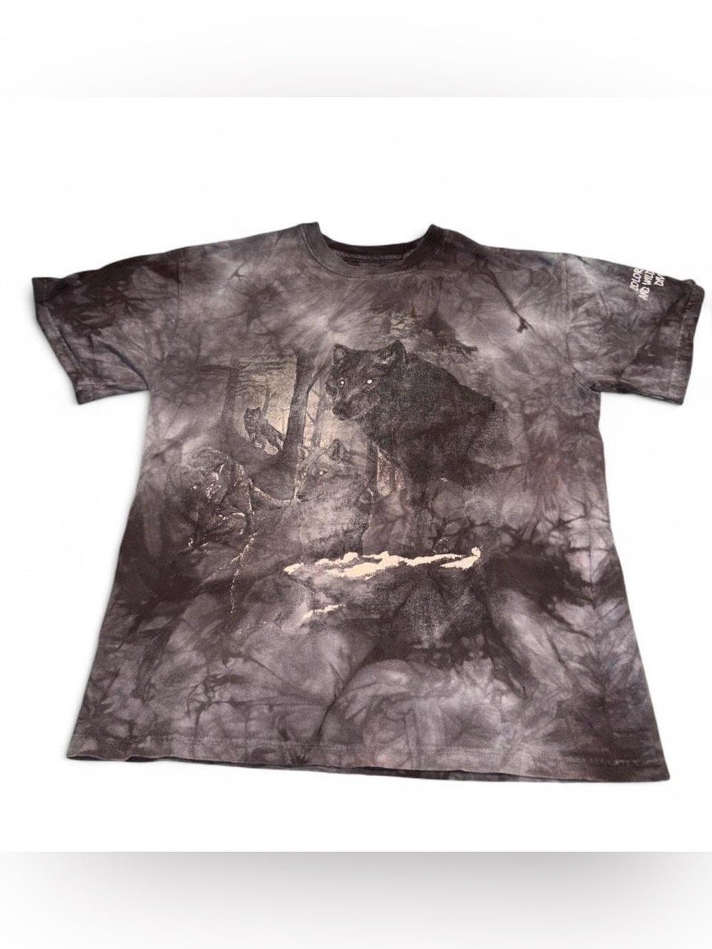 Vintage The Mountain black and gray tie-dye cotton t-shirt with wolf graphic